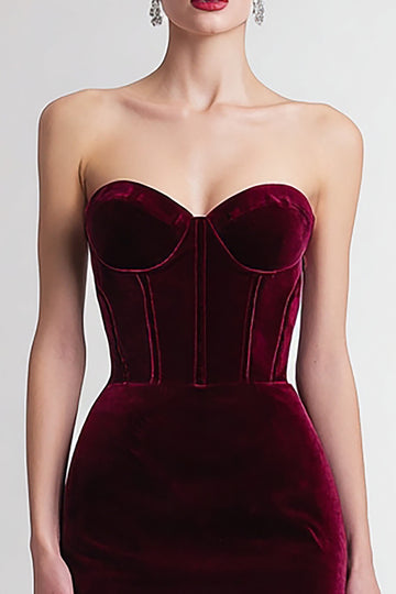 Strapless Velvet Corset Burgundy Midi Holiday Party Dress